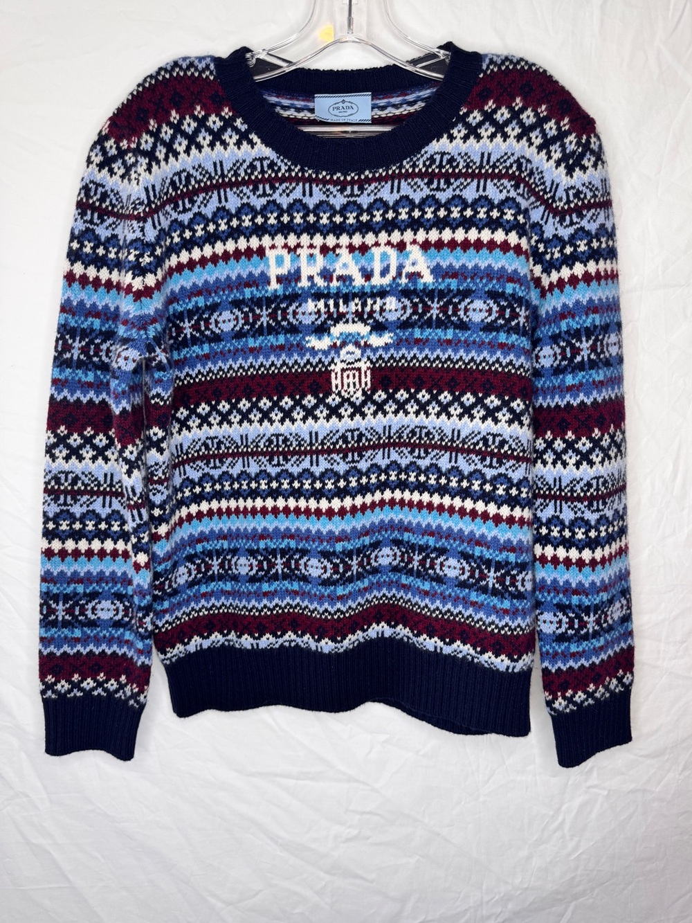 Prada SZ 46 Women’s Navy Multicolor Wool Crewneck Sweater 2022 Collection